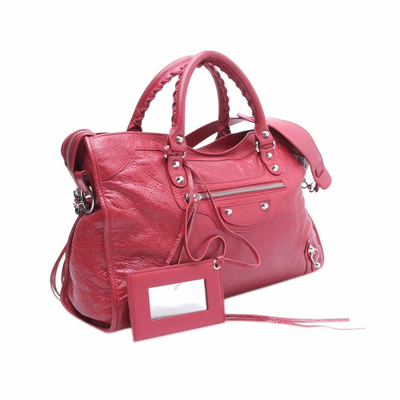 Balenciaga Agneau Classic Silver City Red Rouge Sapphire Satchel Bag