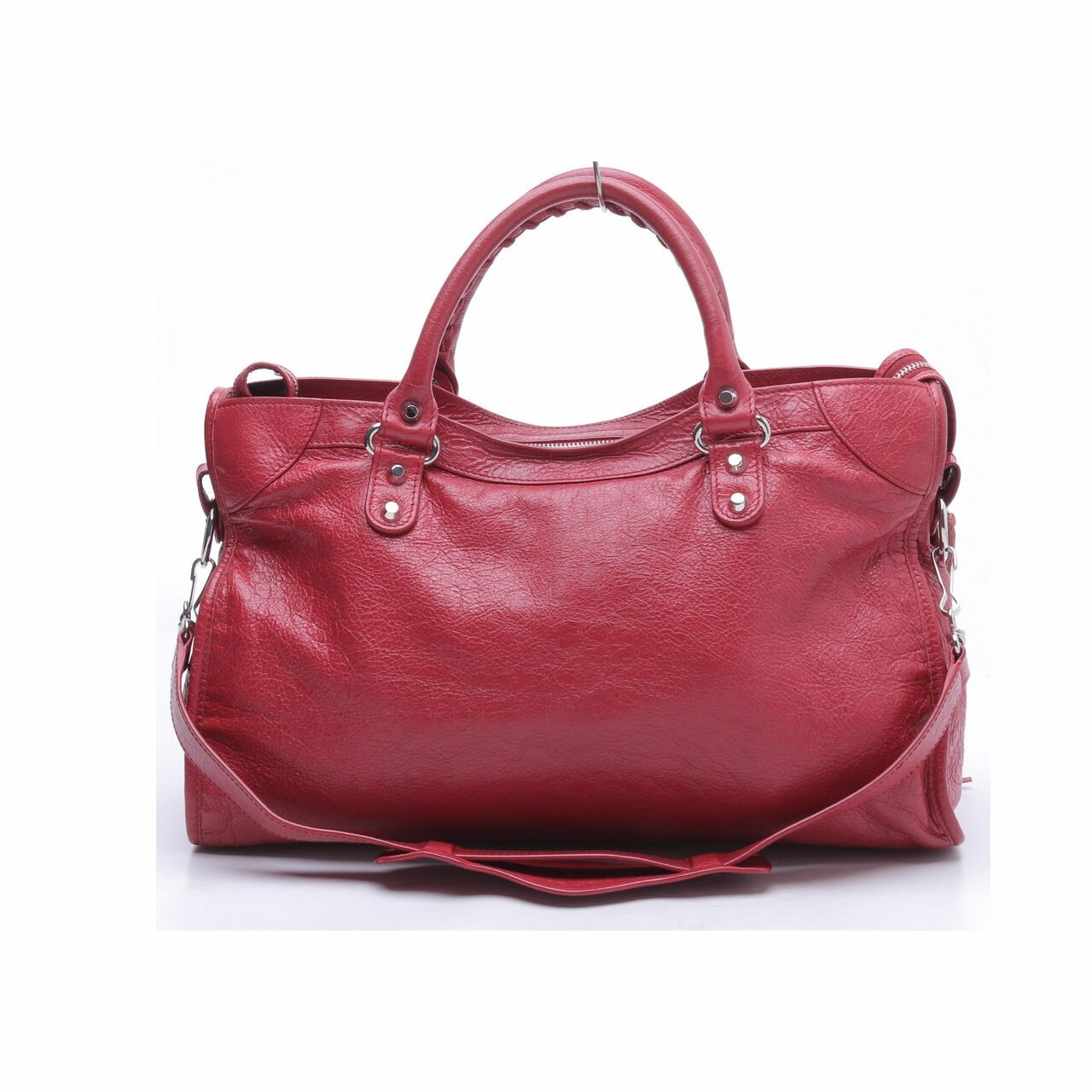 Balenciaga Agneau Classic Silver City Red Rouge Sapphire Satchel Bag