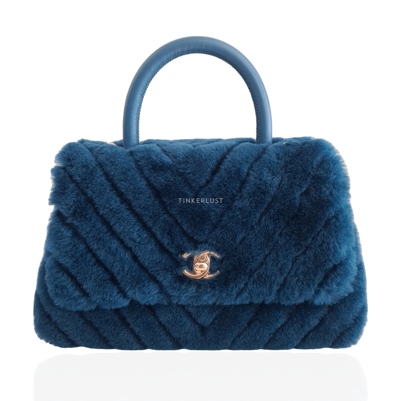 Chanel Coco Handle Small Fur Chevron Blue LGHW #28 Satchel