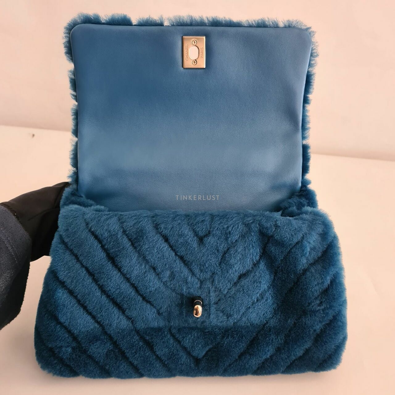 Chanel Coco Handle Small Fur Chevron Blue LGHW #28 Satchel