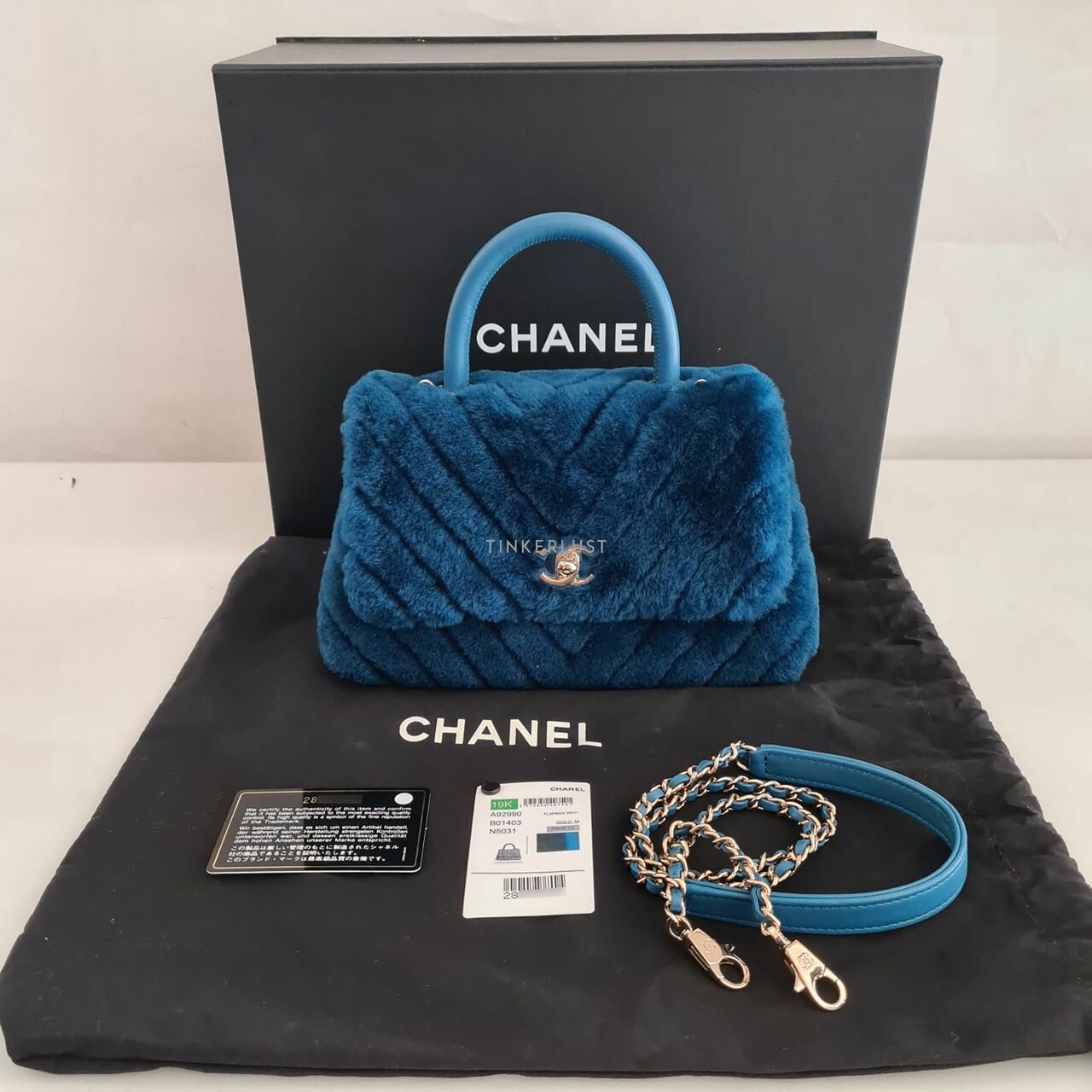 Chanel Coco Handle Small Fur Chevron Blue LGHW #28 Satchel