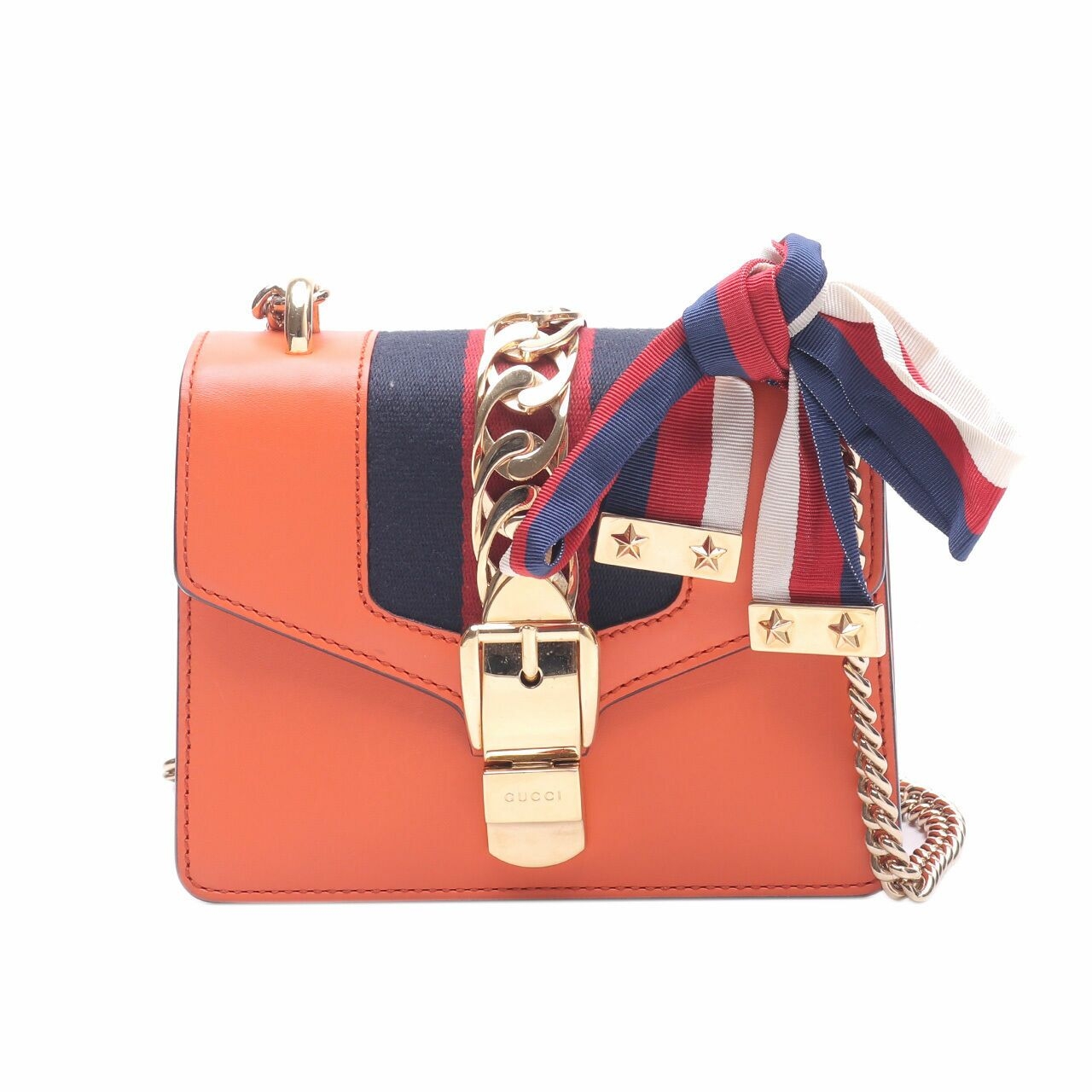 Gucci Sylvie Mini Chain Leather Orange  with Web Bow Shoulder Bag