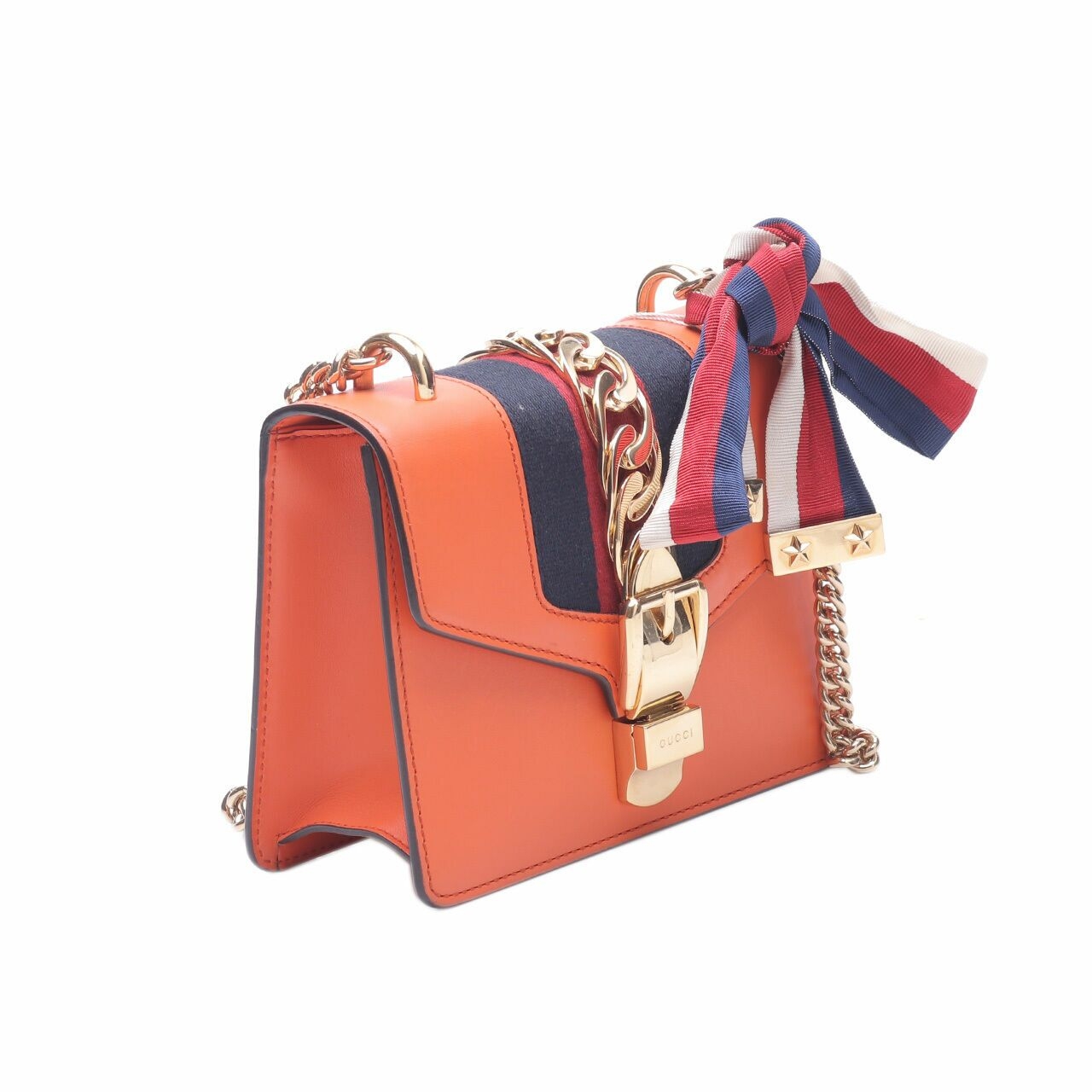 Gucci Sylvie Mini Chain Leather Orange  with Web Bow Shoulder Bag