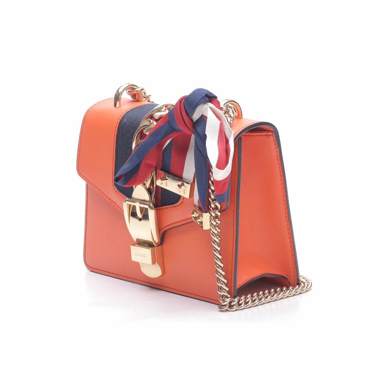 Gucci Sylvie Mini Chain Leather Orange  with Web Bow Shoulder Bag