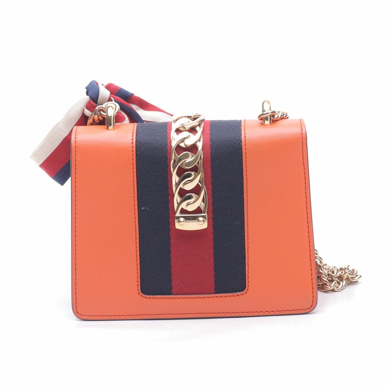 Gucci Sylvie Mini Chain Leather Orange  with Web Bow Shoulder Bag