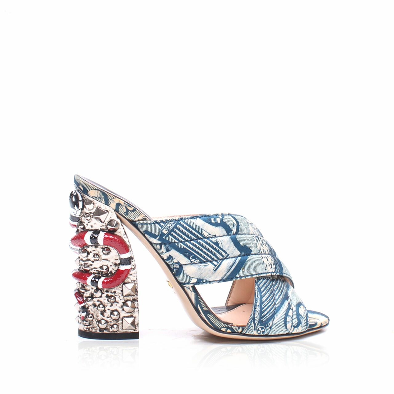 Gucci Webby Satin Snake Blue Block Heels