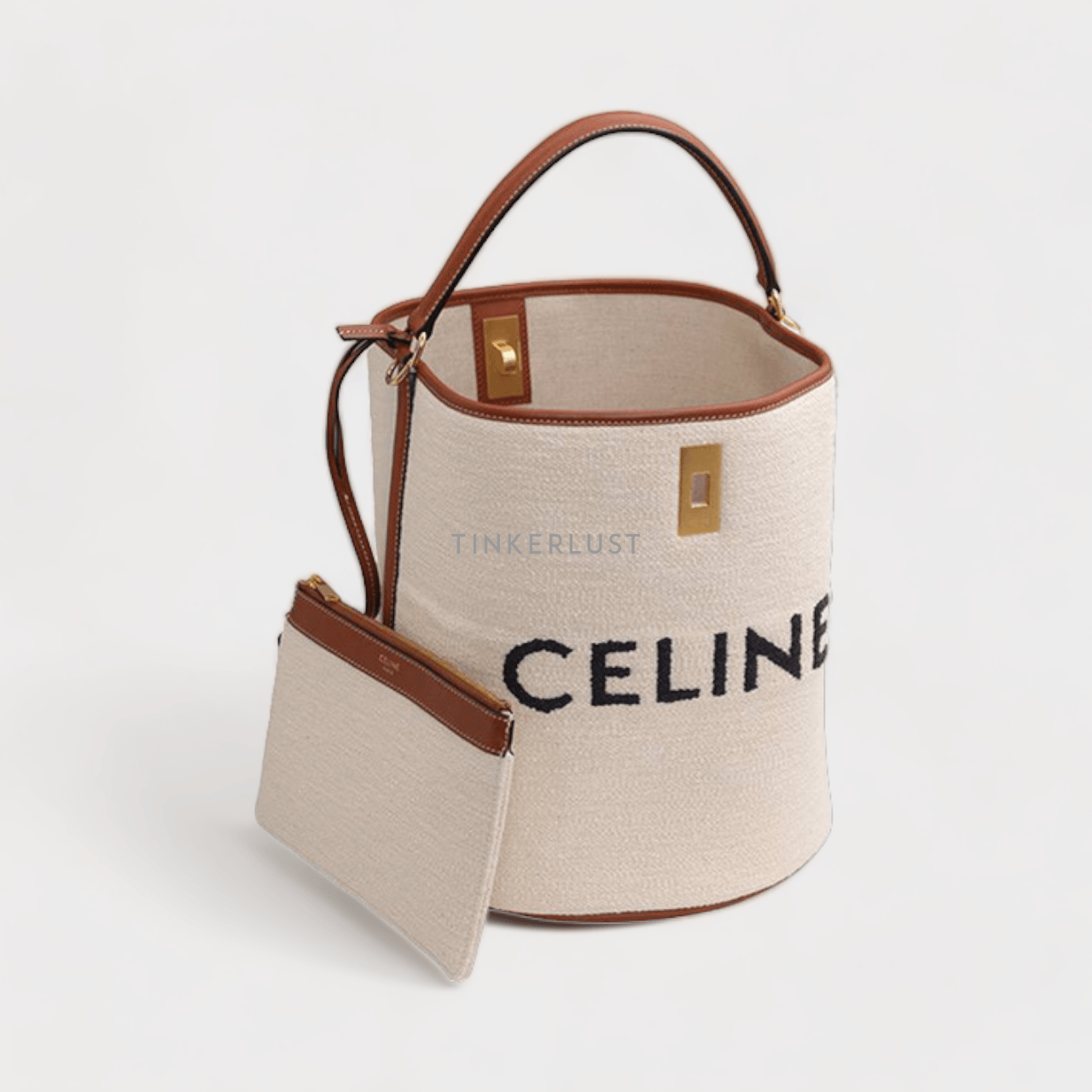 Celine Bucket 16 Bag in Natural/Tan Textile and Calfskin with Shoulder Strap Satchel	