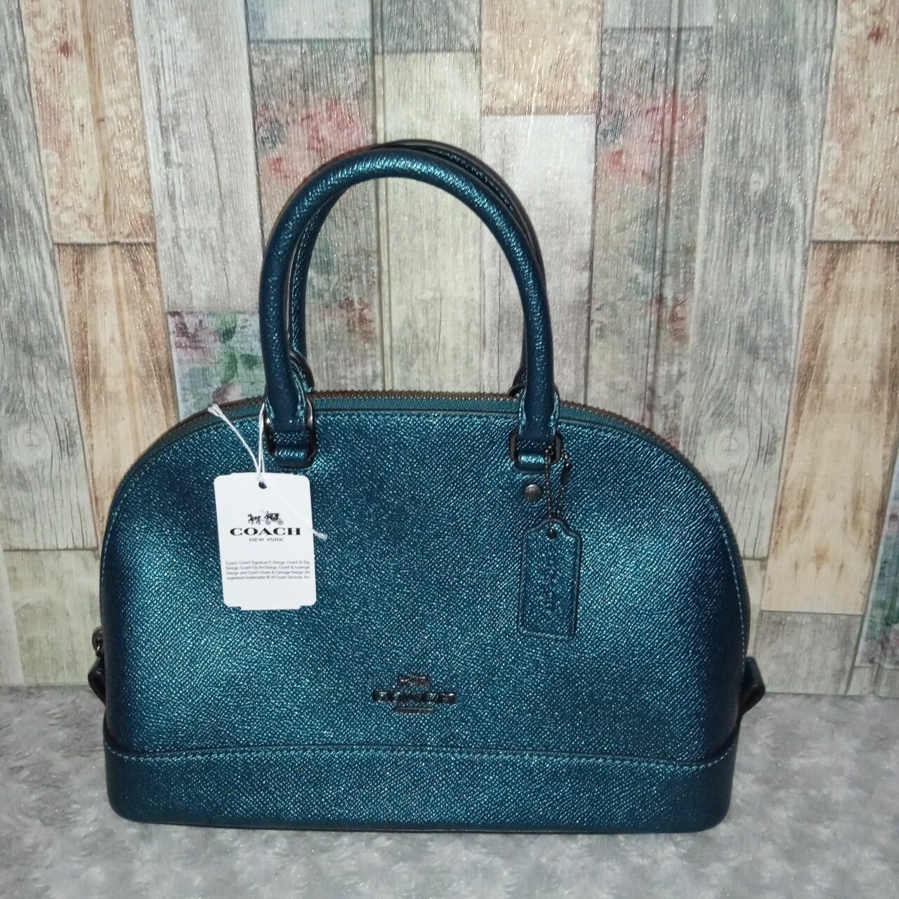 Coach F22315 Metallic Crossgrain Mini Sierra Dark Teal Satchel Bag