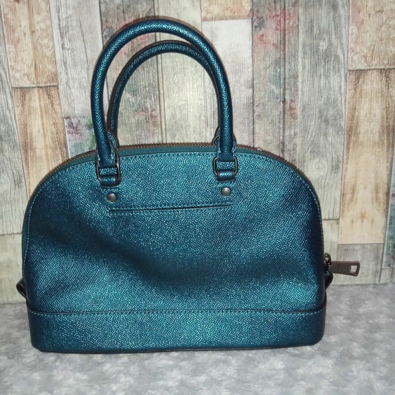 Coach F22315 Metallic Crossgrain Mini Sierra Dark Teal Satchel Bag