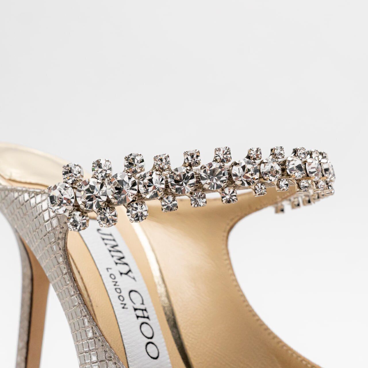 Jimmy Choo Bing 100 Diamond Glitter Fabric Crystal Strap Heels Champagne