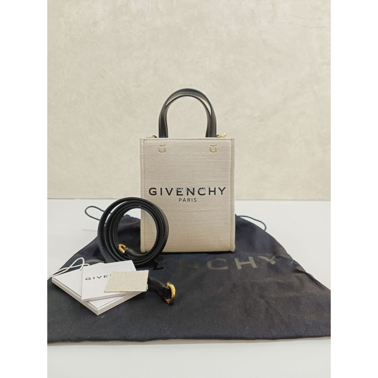 Givenchy G Tote Bag Mini in Beige Logo Black Canvas Ghw Sathel Bag