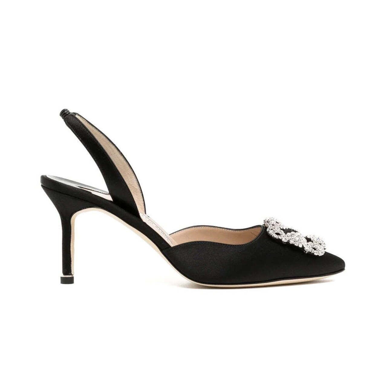 Manolo Blahnik Hangisli 70 Satin Slingback Heels with CLC Crystal Buckle Black