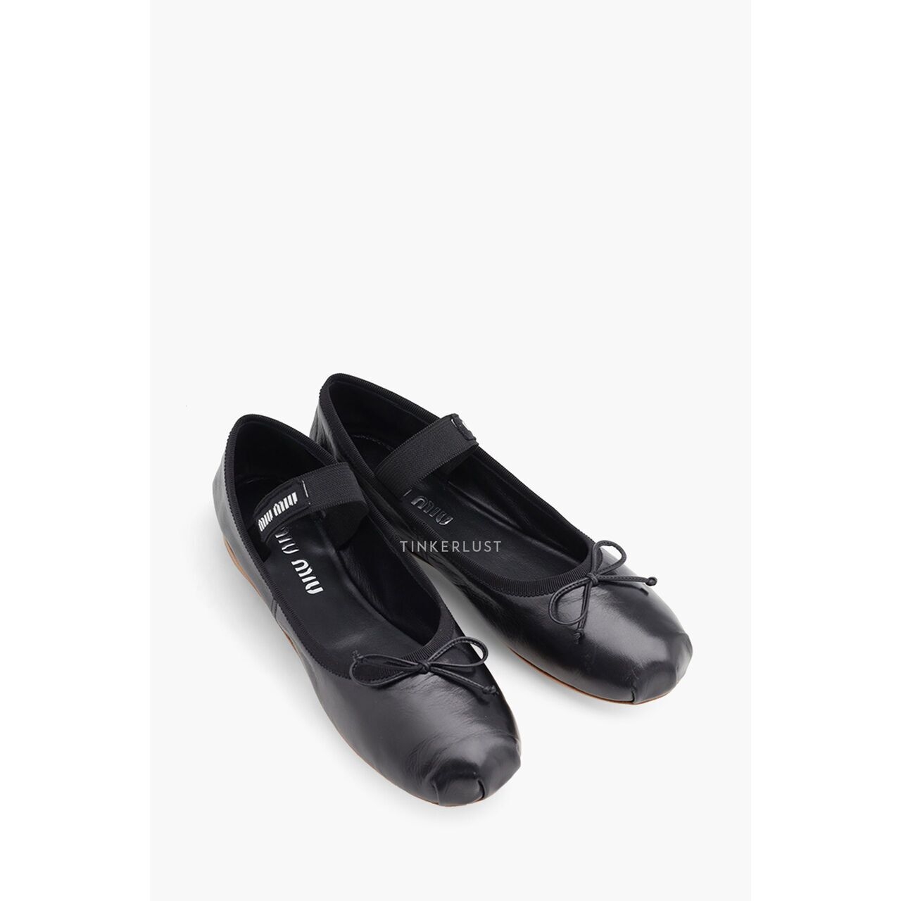 Miu Miu Bow Elastic Band Ballerina Black Leather Flats