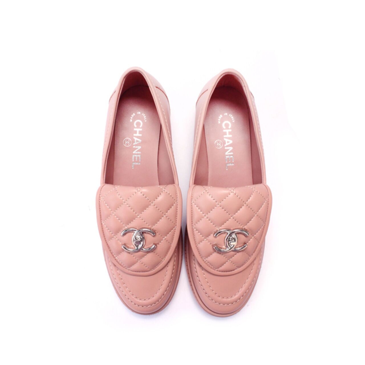 Chanel Pink Loafers Cc Logo Quilted Flap Turn Lock Flats