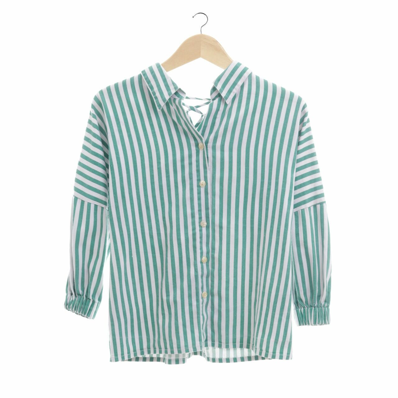 & Other Days Green Striped Blouse