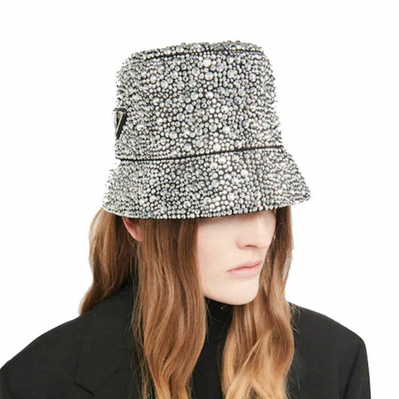 Crystal Bucket Hat Triangle Metal Logo Metal