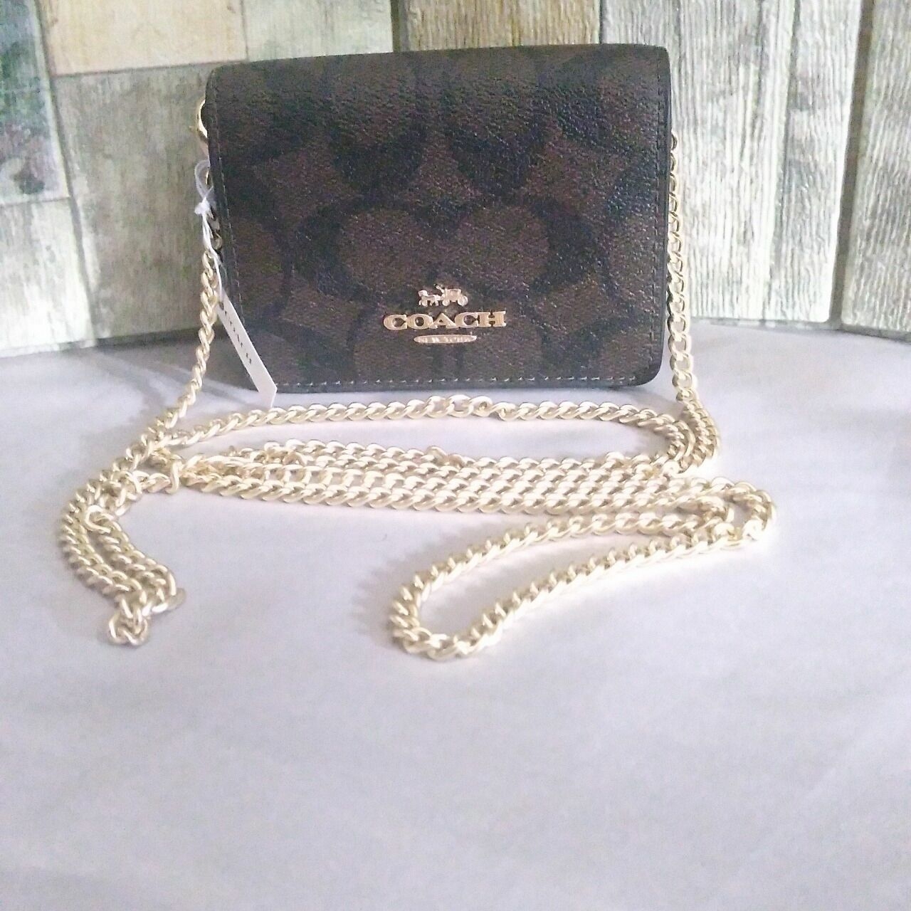 Coach 6650 Mini Wallet On Chain Siganture Canvas Brown Black