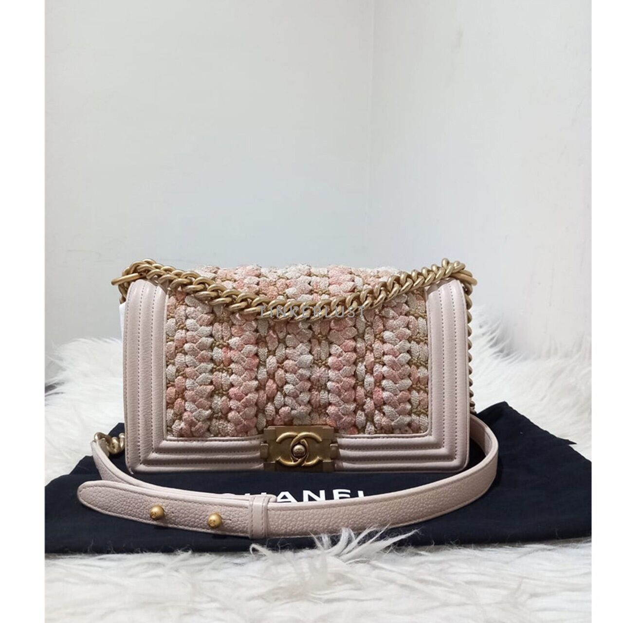 Chanel Boy Medium Light Pink Braided Tweed #25 GHW Shoulder