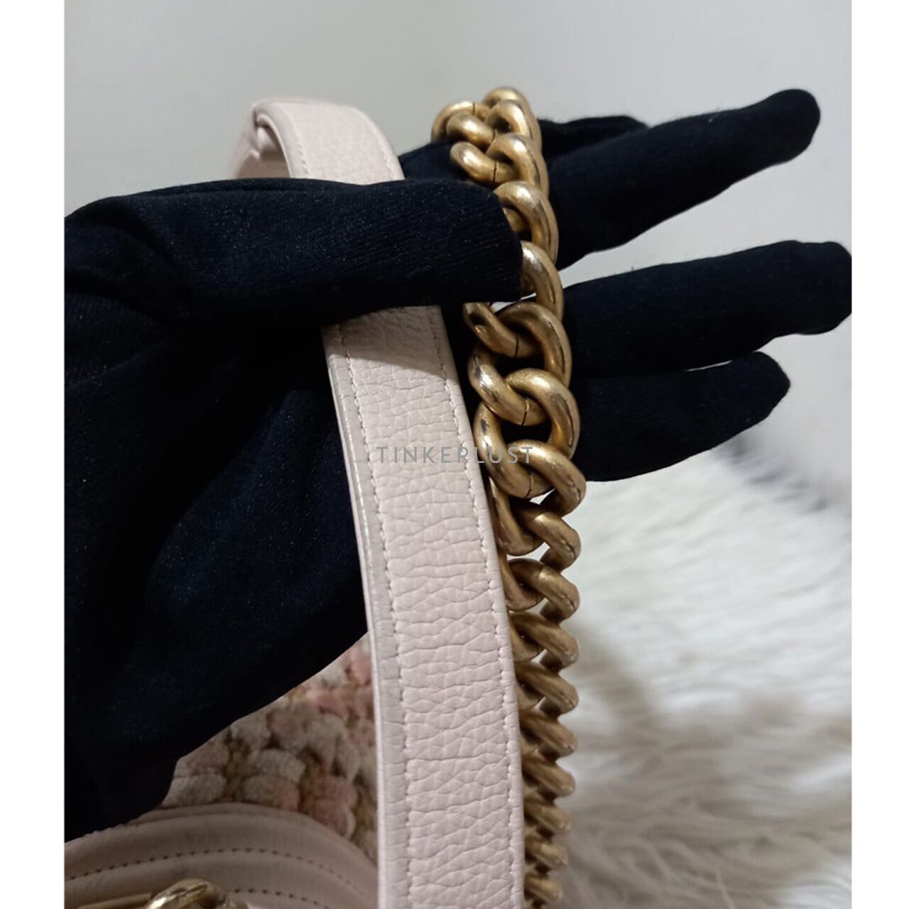 Chanel Boy Medium Light Pink Braided Tweed #25 GHW Shoulder