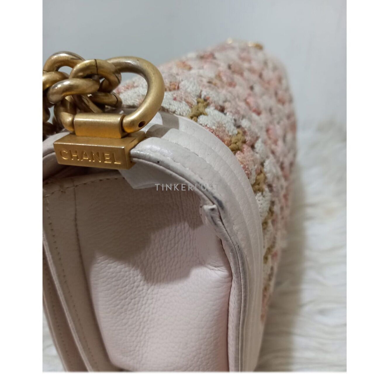 Chanel Boy Medium Light Pink Braided Tweed #25 GHW Shoulder