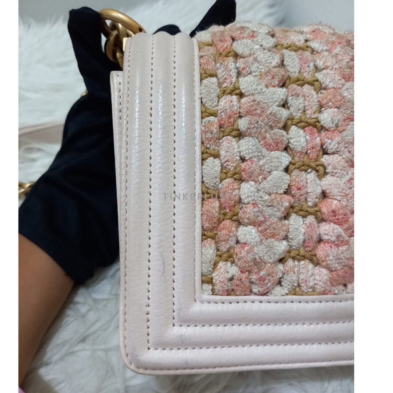 Chanel Boy Medium Light Pink Braided Tweed #25 GHW Shoulder