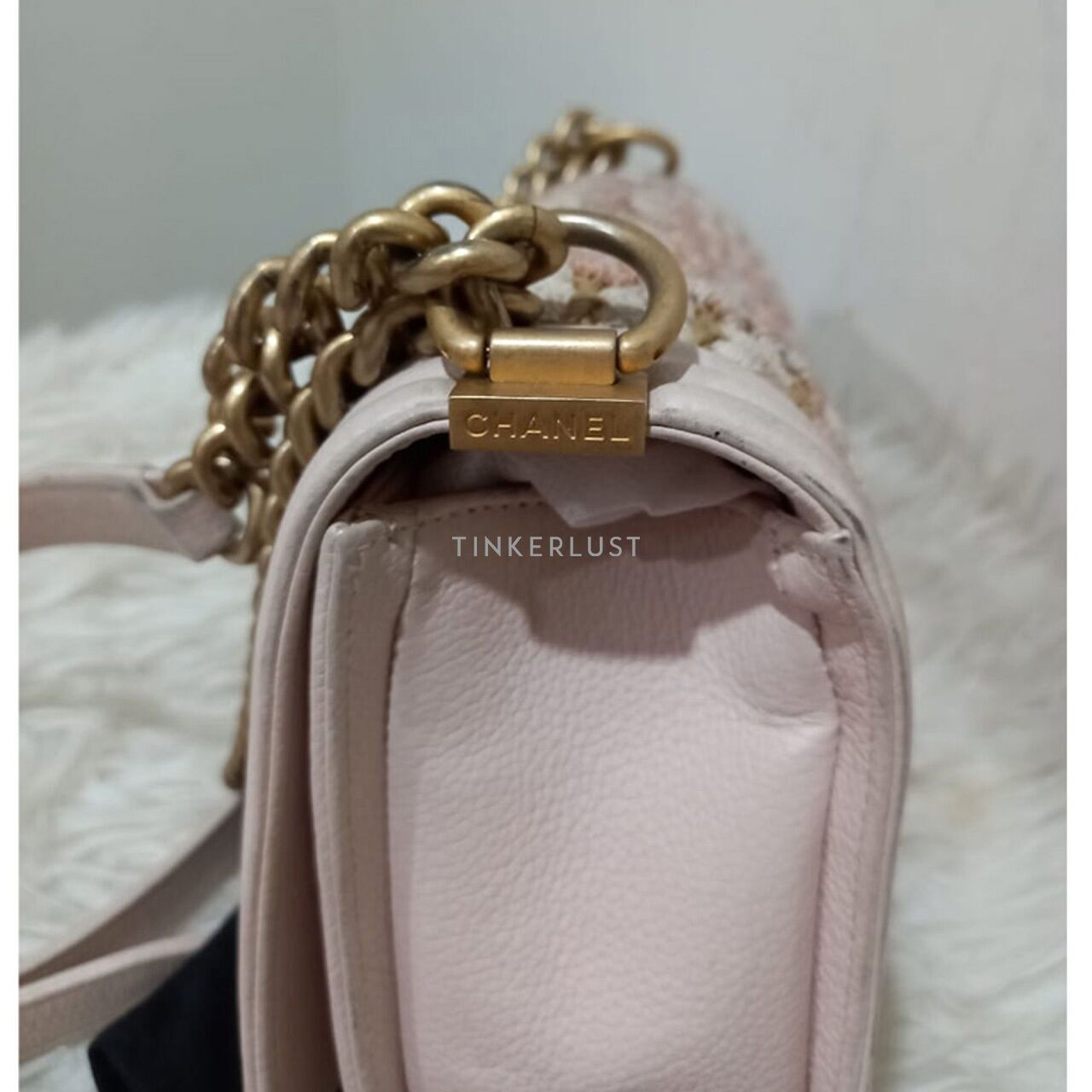 Chanel Boy Medium Light Pink Braided Tweed #25 GHW Shoulder