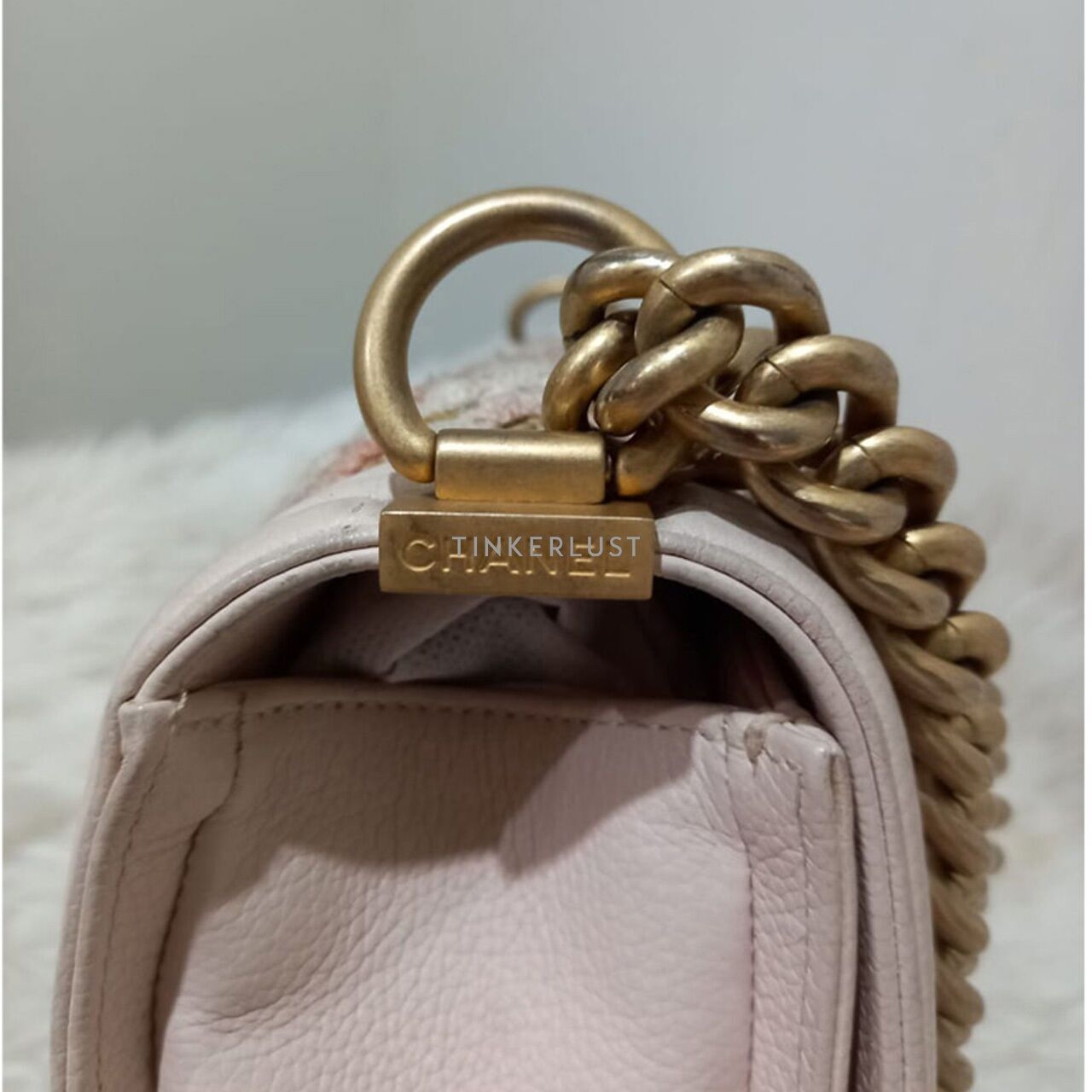 Chanel Boy Medium Light Pink Braided Tweed #25 GHW Shoulder