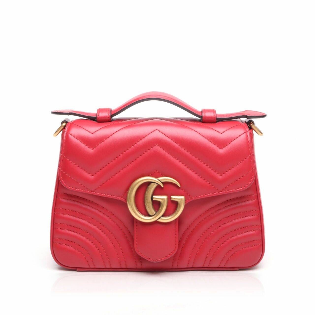 Gucci Calfskin Mini GG Marmont Top Handle Shoulder Bag Hibiscus Red