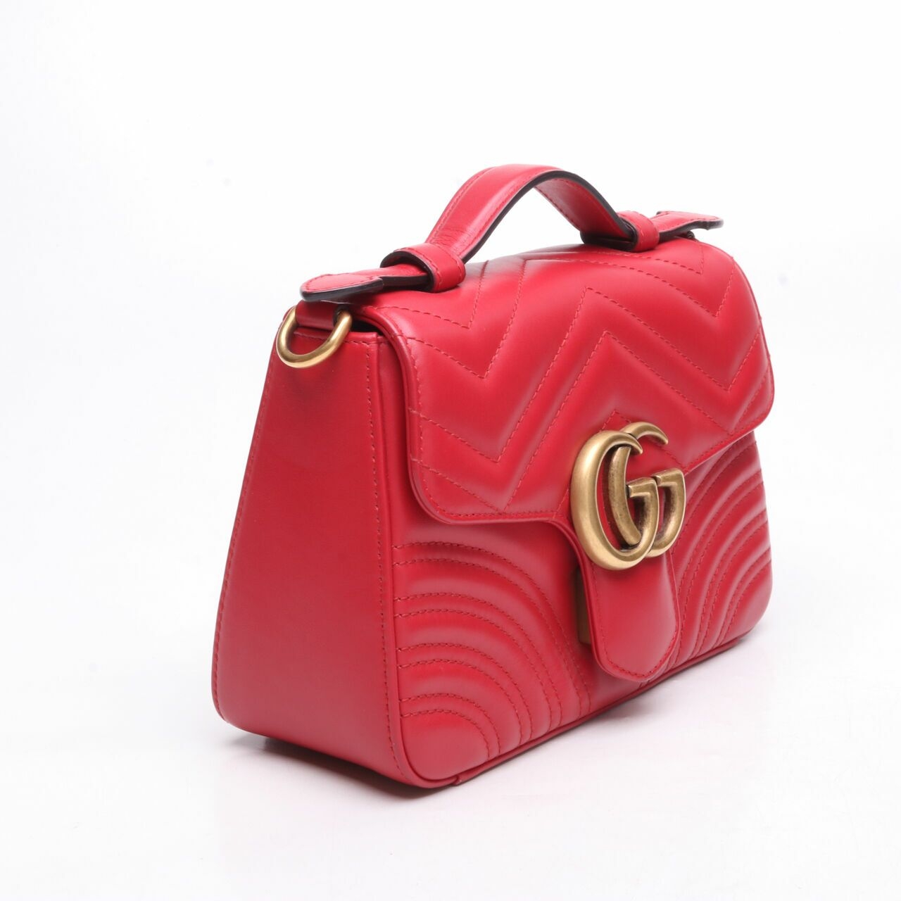 Gucci Calfskin Mini GG Marmont Top Handle Shoulder Bag Hibiscus Red