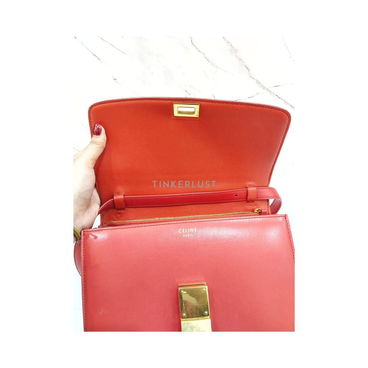 Celine Box Medium Red GHW Sling Bag 