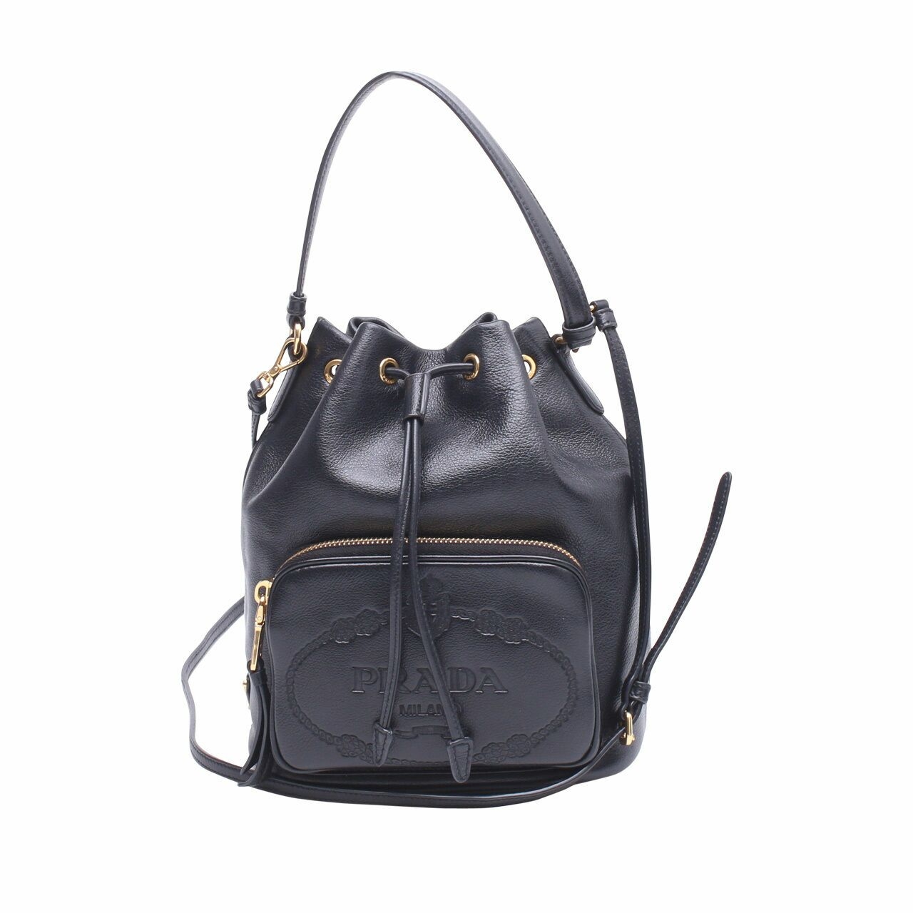 Prada Women's Sechiello Nero Black Glace Calf Leather Bucket Bag