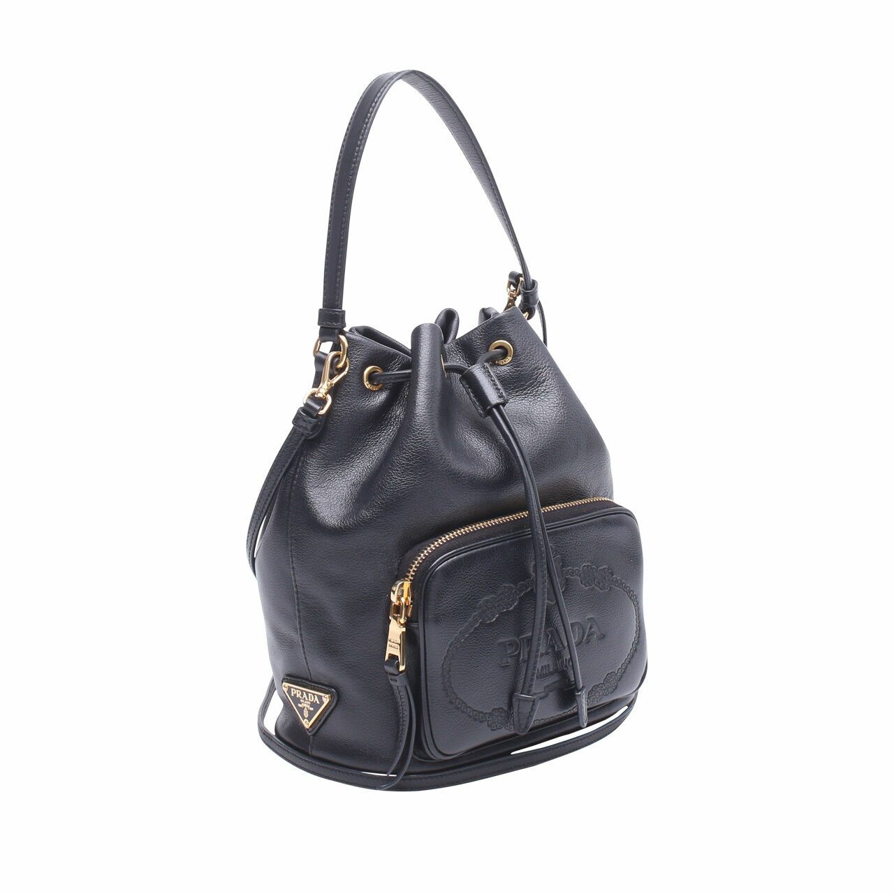 Prada Women's Sechiello Nero Black Glace Calf Leather Bucket Bag