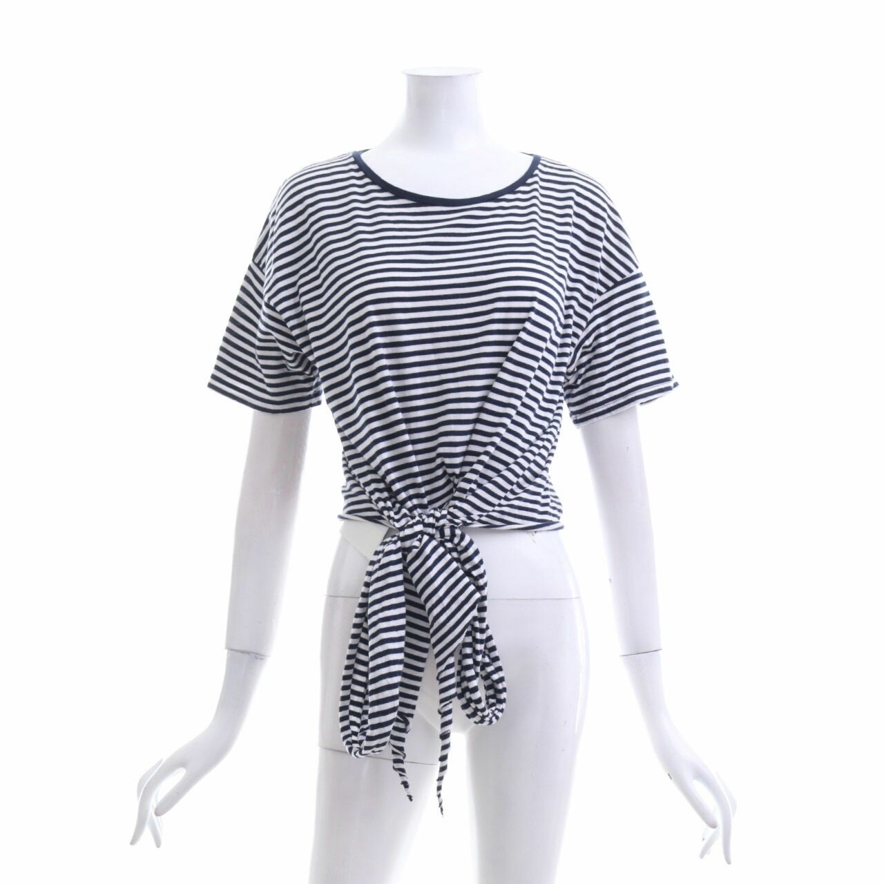 Zara White & Navy Striped Cropped T-Shirt