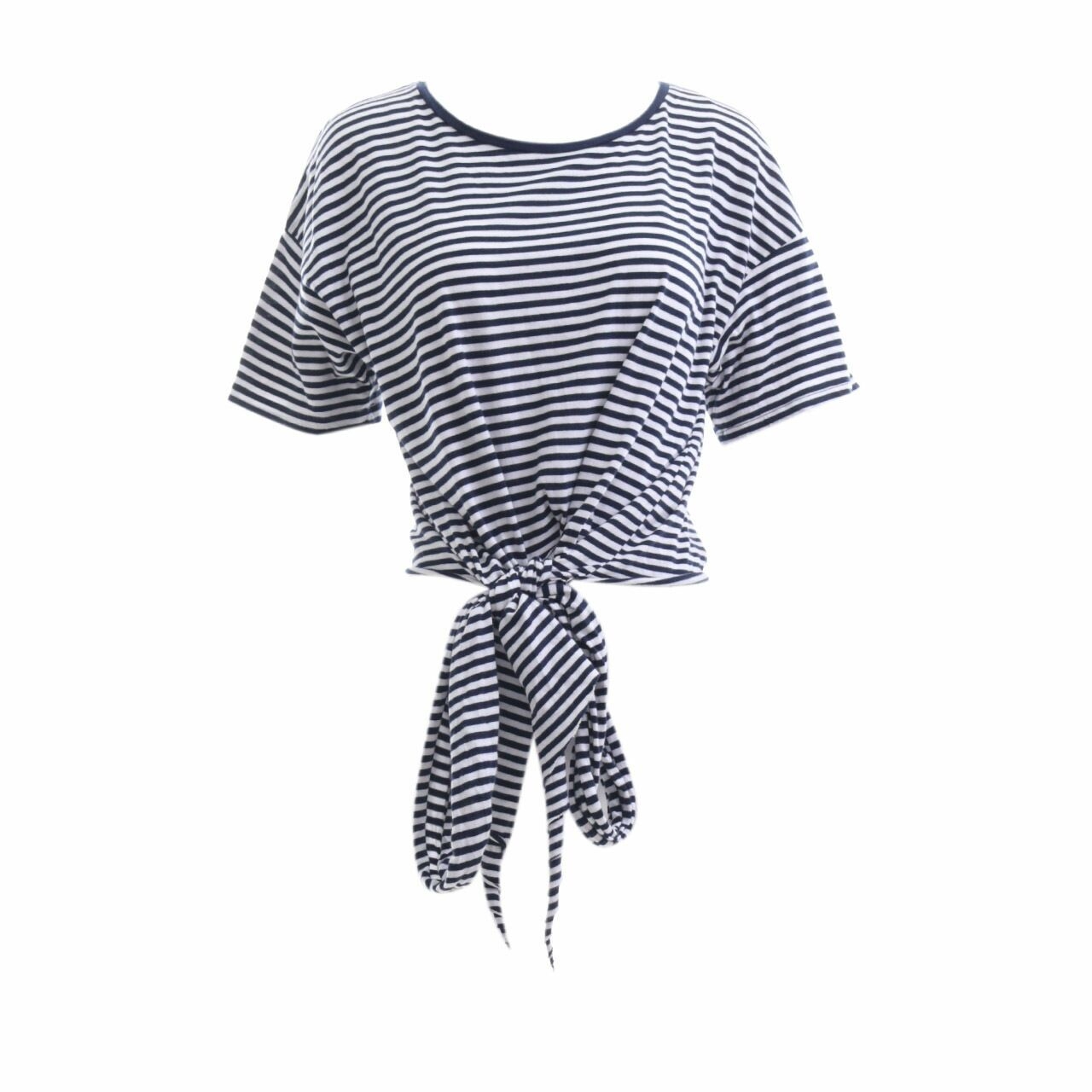 Zara White & Navy Striped Cropped T-Shirt