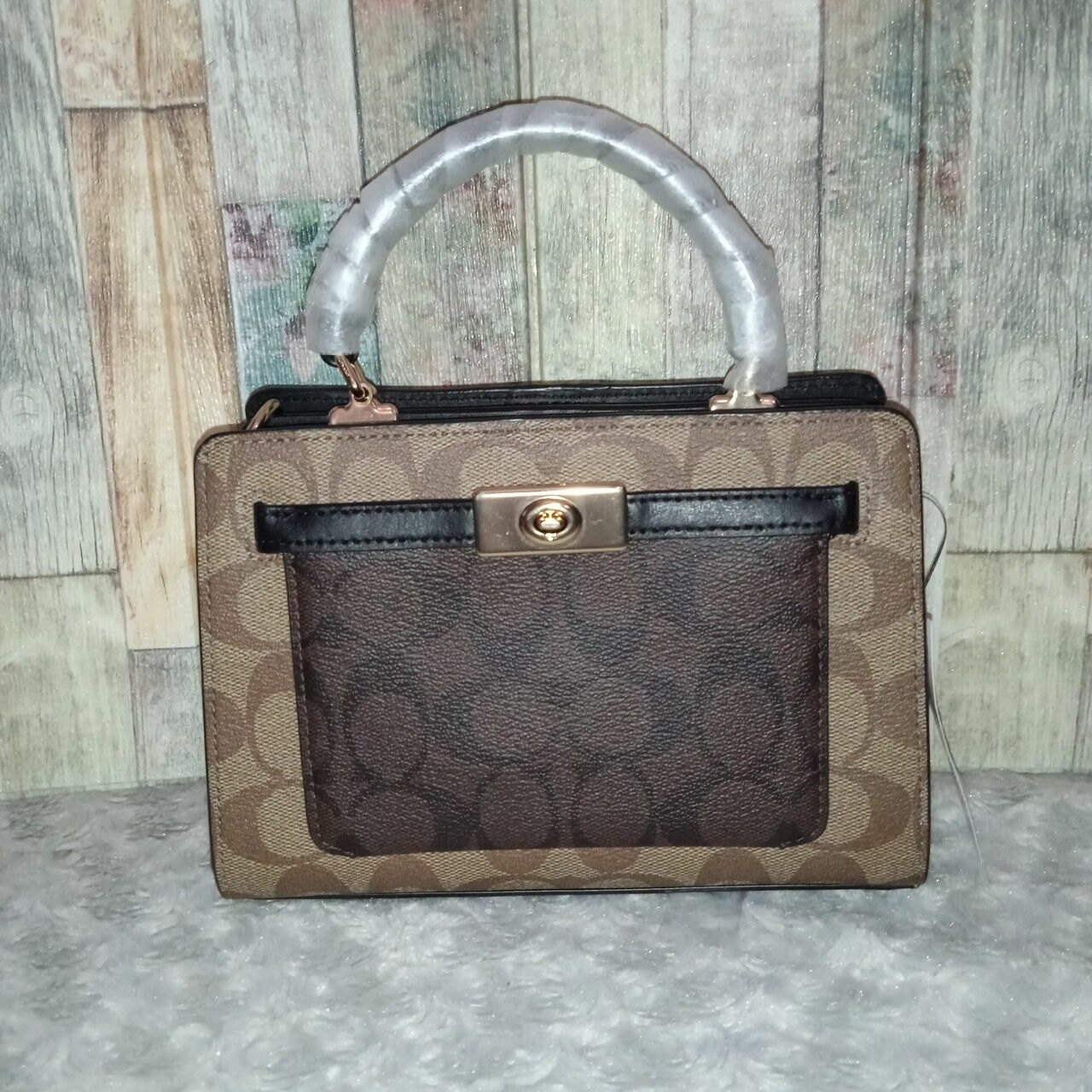 Coach C8688 Signature Bloked Mini Lane Top Handle Khaki Brown Multi