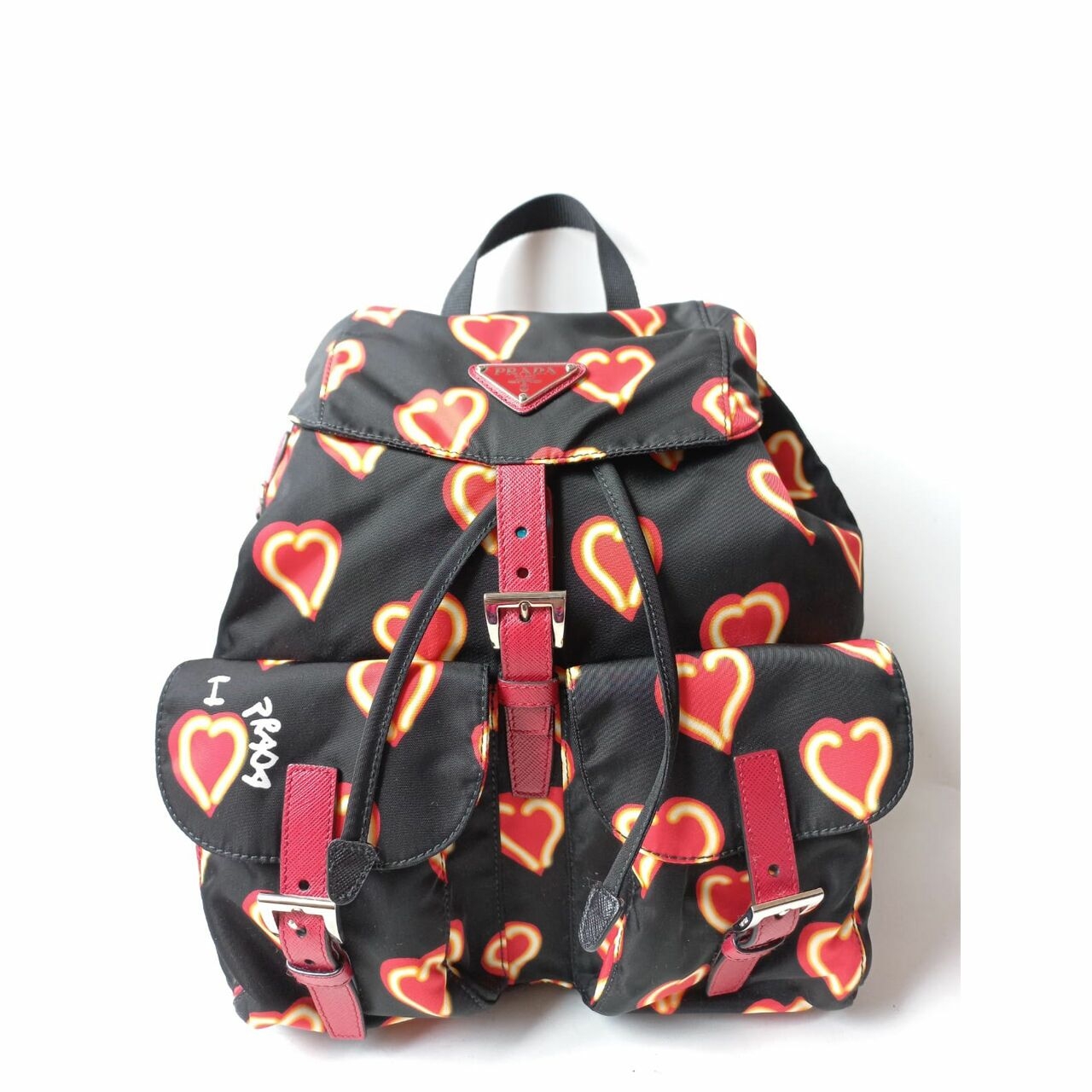 Prada 1BZ006 Tessuto Nylon Love Print Backpack Nero Backpack