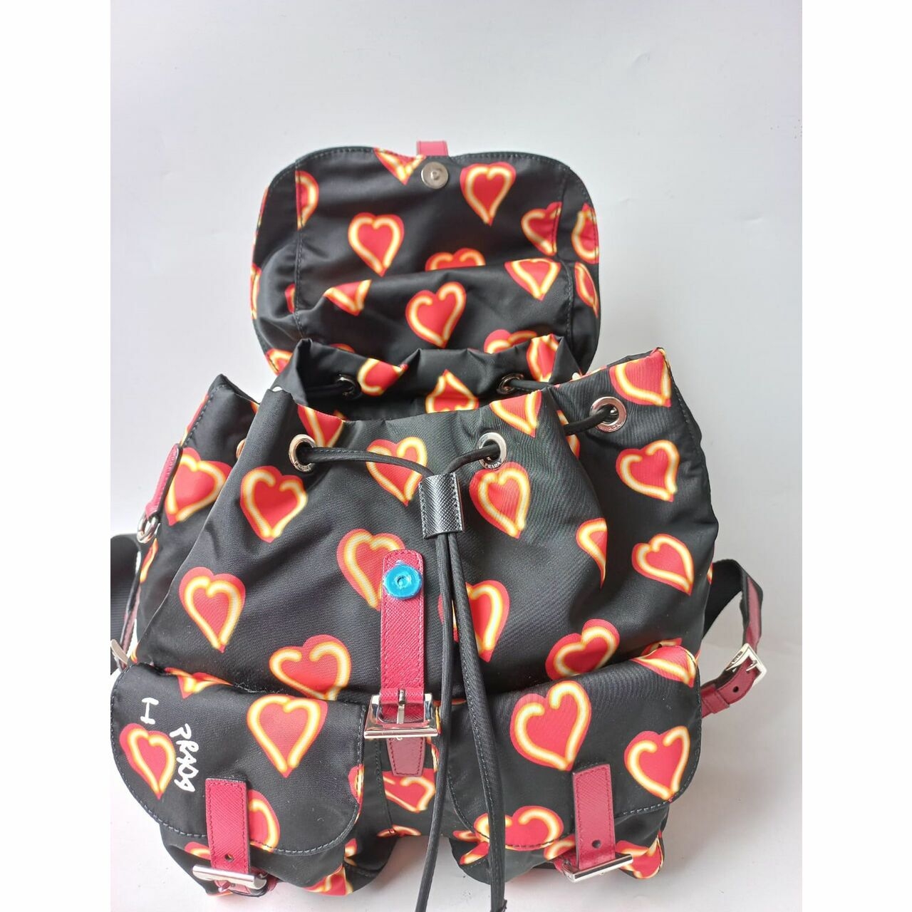 Prada 1BZ006 Tessuto Nylon Love Print Backpack Nero Backpack