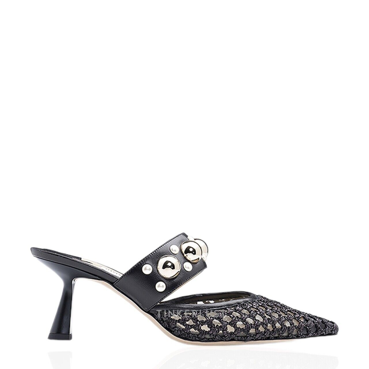 Jimmy Choo Basette Mules 65mm in Black Woven Raffia Net with Pearls x Studs Heels