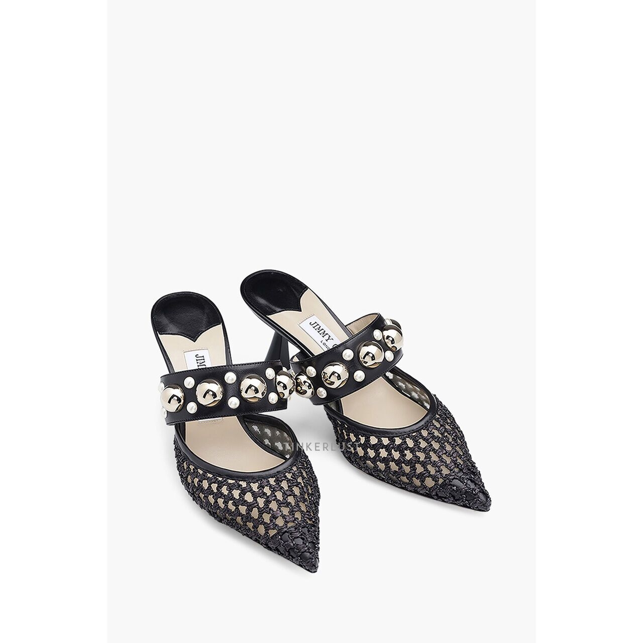 Jimmy Choo Basette Mules 65mm in Black Woven Raffia Net with Pearls x Studs Heels