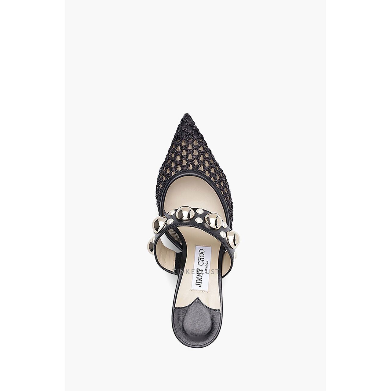 Jimmy Choo Basette Mules 65mm in Black Woven Raffia Net with Pearls x Studs Heels