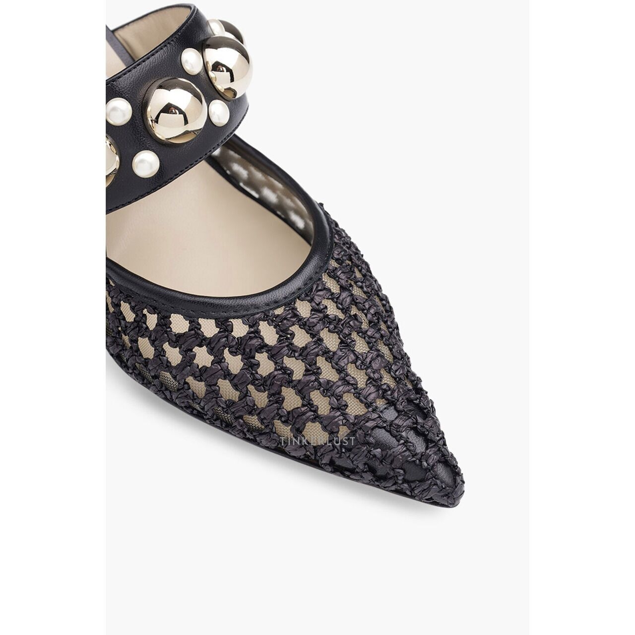 Jimmy Choo Basette Mules 65mm in Black Woven Raffia Net with Pearls x Studs Heels