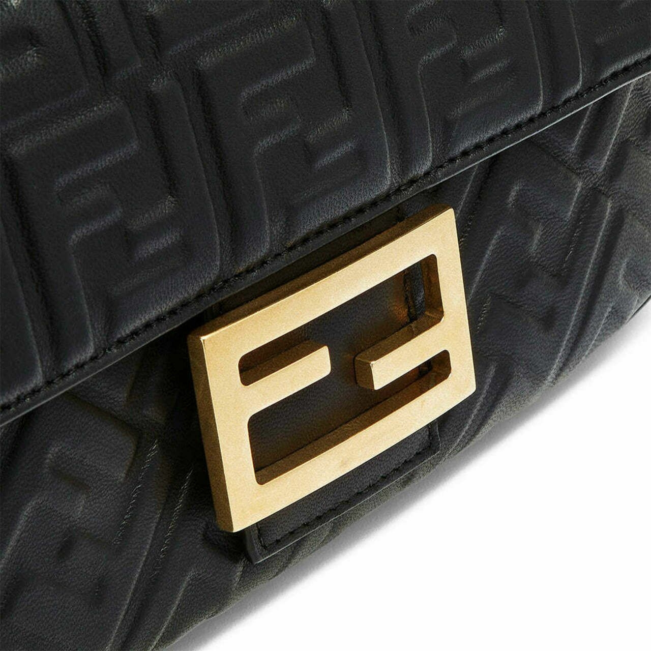 Fendi Baguette Chain Midi Leather Bag FF Embossed Black Ghw