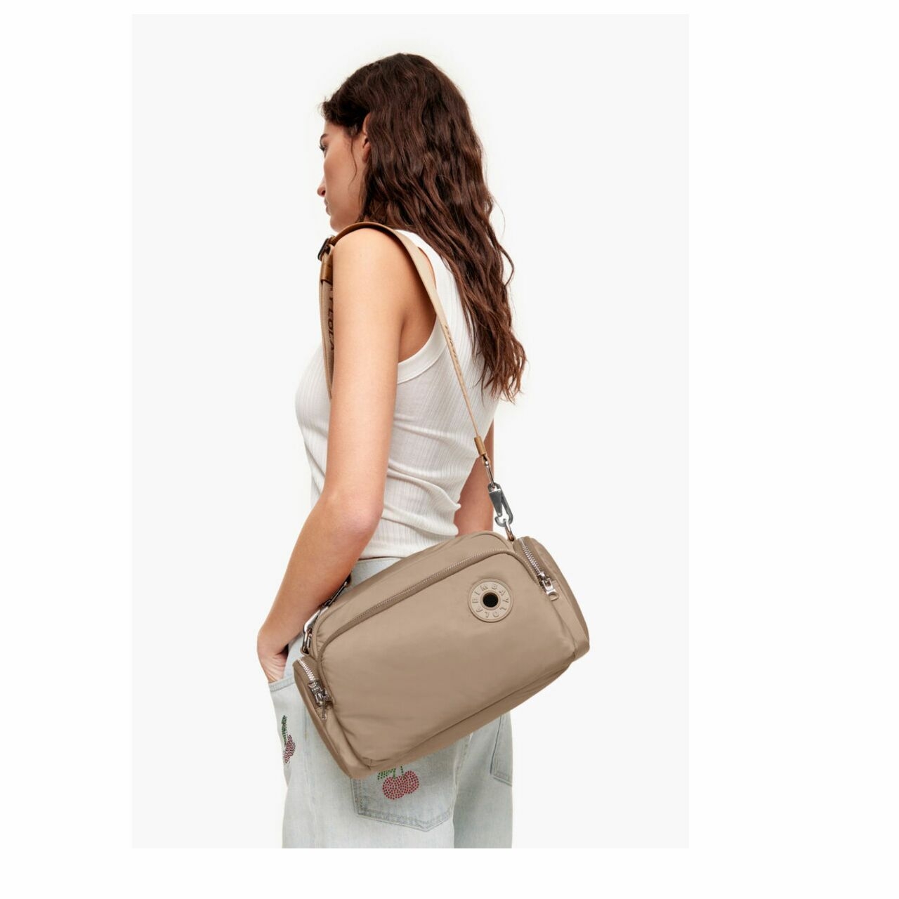 Bimba Y Lola Nylon Shoulder Bag Beige