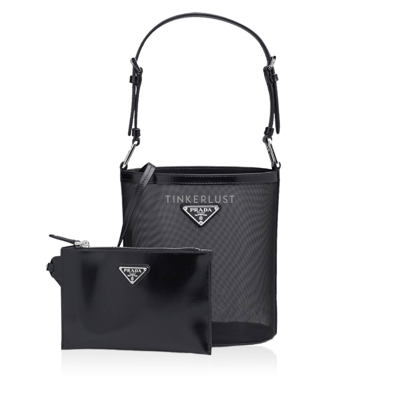 Prada Triangle Logo Cylinder Top Handle Bag in Black Technical Mesh Shoulder Bag