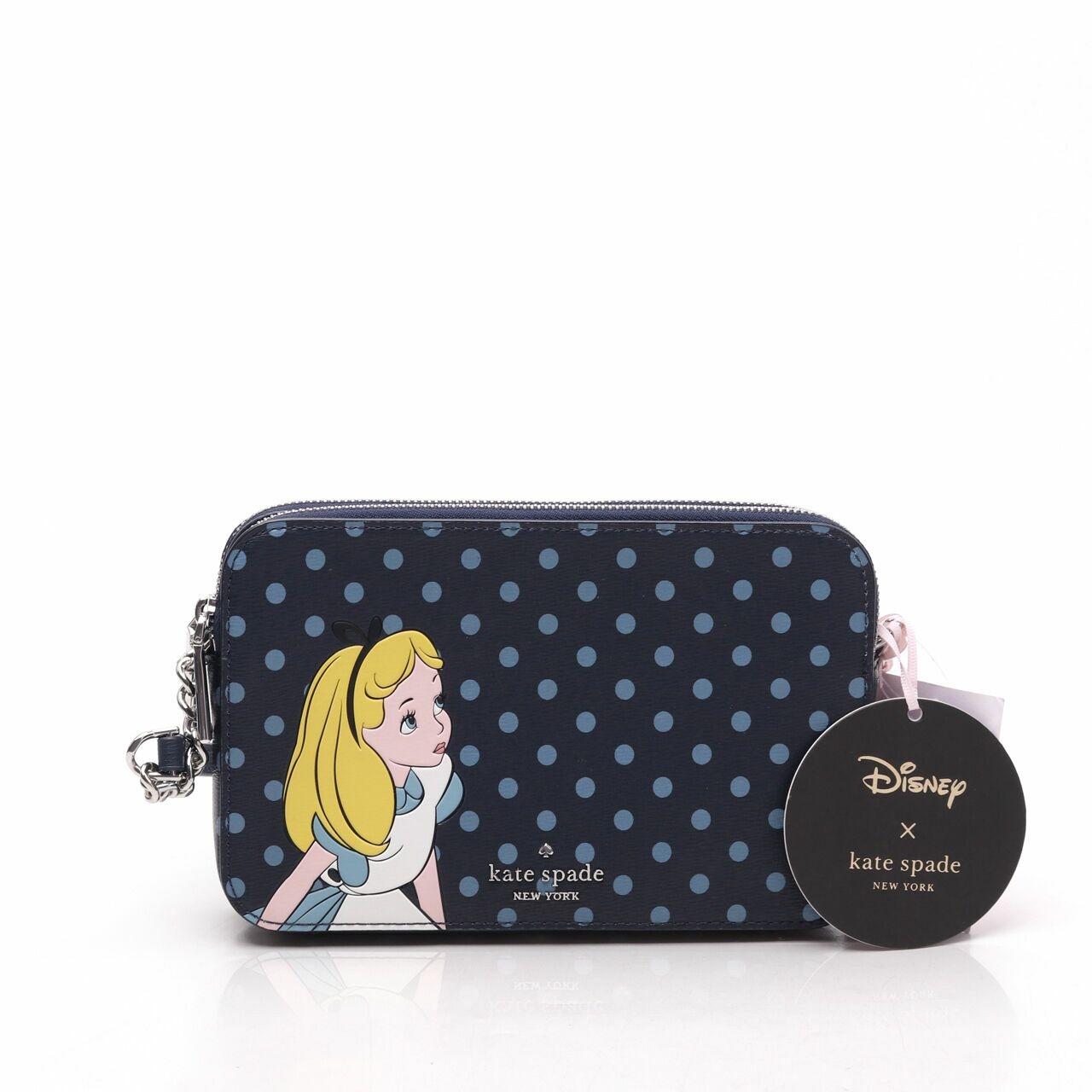 Kate Spade x Disney Alice in Wonderland Double Zipper Navy Polkadots Crossbody Bag