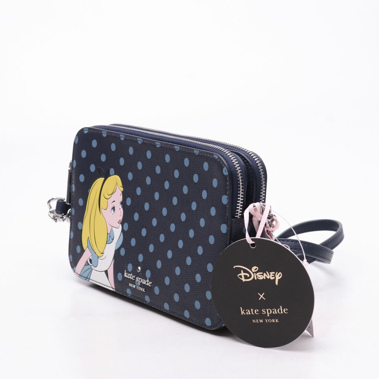 Kate Spade x Disney Alice in Wonderland Double Zipper Navy Polkadots Crossbody Bag