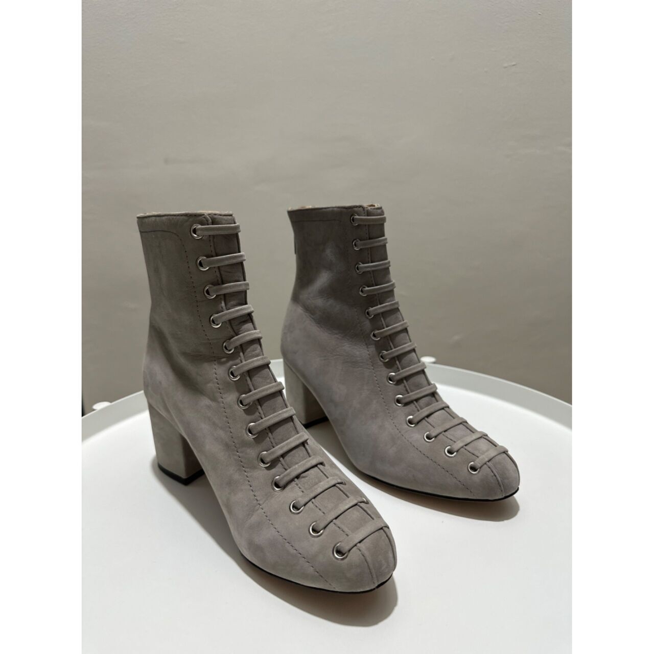 Schutz Grey Braelyn Front Lace Suede Grey Ankle Bootie