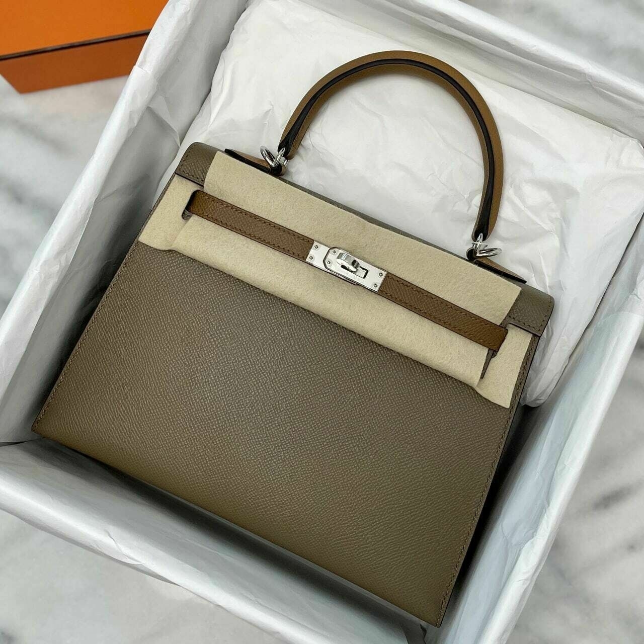 Hermes K25 Etoupe/Alezan/Biscuit Tricolore Phw Z Satchel