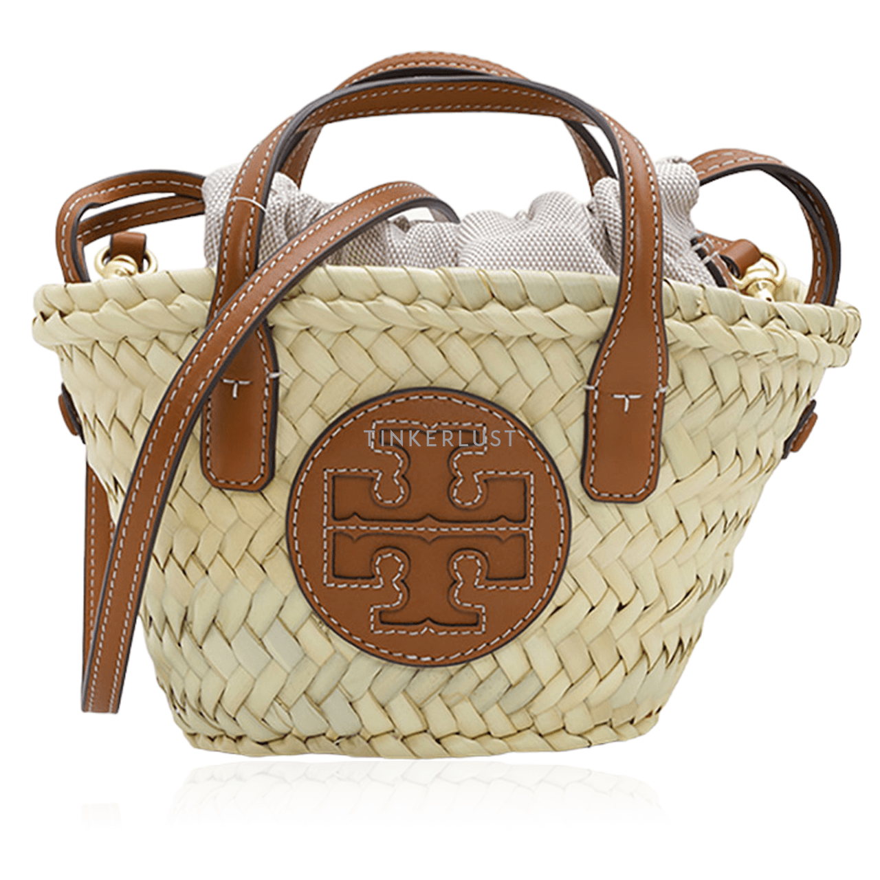 TORY BURCH Mini Ella Straw Basket Tote Bag in Natural / Classic Cuoio