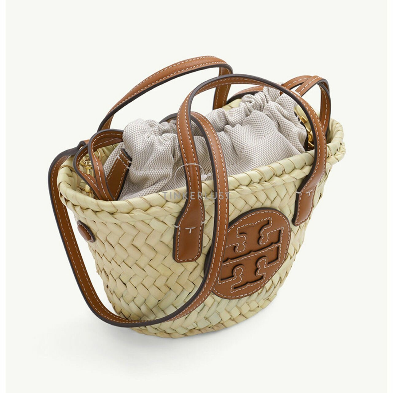 TORY BURCH Mini Ella Straw Basket Tote Bag in Natural / Classic Cuoio